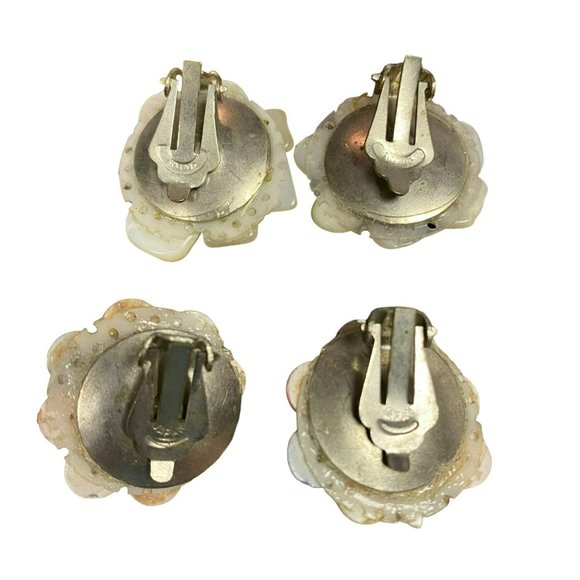 2 Pair Vintage Signed Japan White and Pastel Pink and Blue Clip on Earrings - Picture 4 of 7